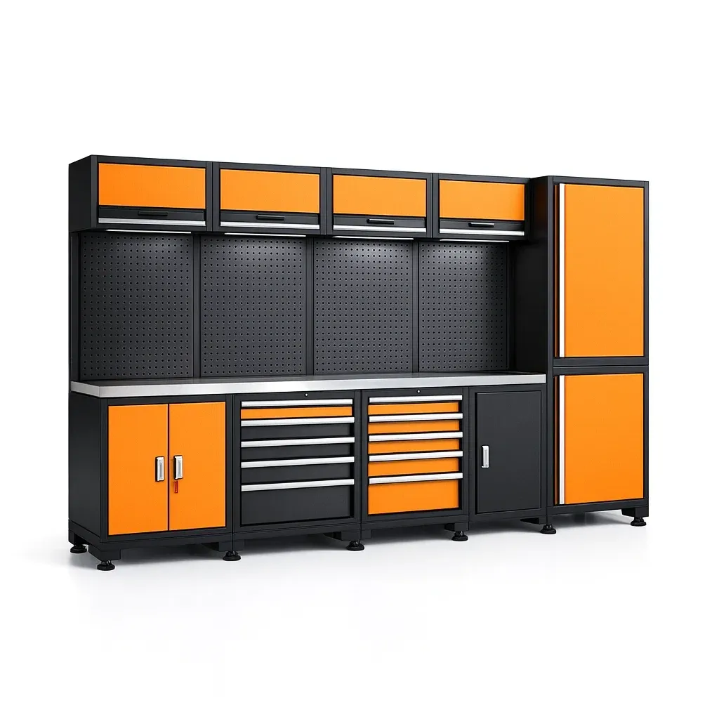 Garage modular storage system Steel with Pegboard and Orange Cabinets-furnosio