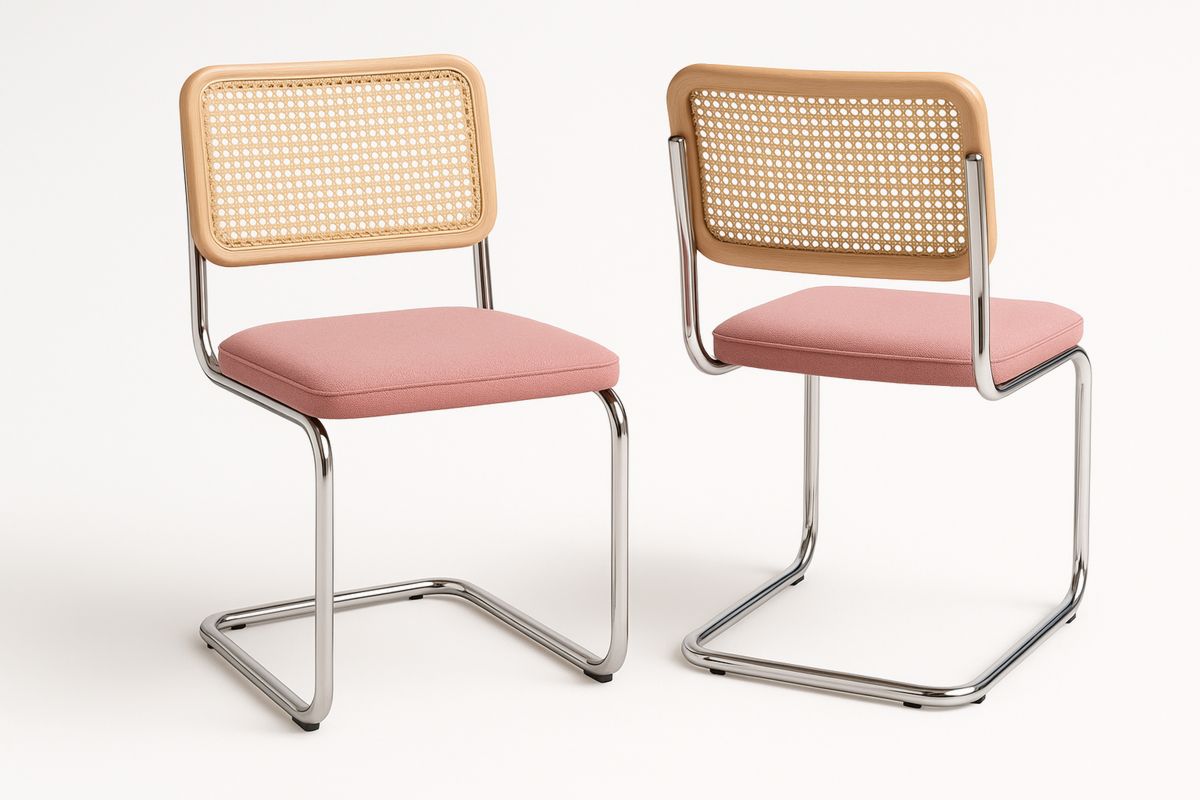 Pair of Chrome Steel Chairs with Pink Polyester Seat and Rattan Back