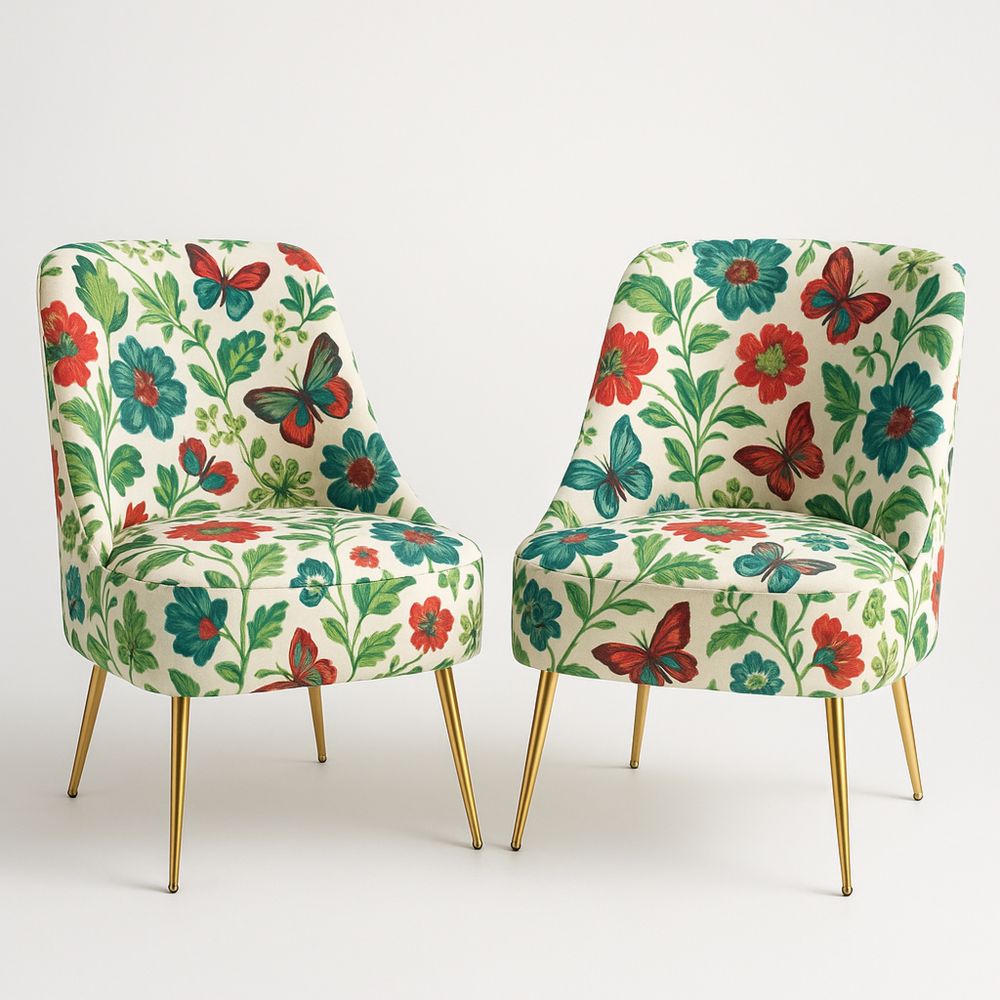 Set of 2 Floral Upholstered Chairs with Gold-Plated Metal Legs