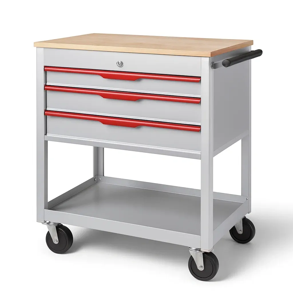 Carrello portautensili in metallo con ripiano in legno e 3 cassetti grigio/rosso-Woodaso