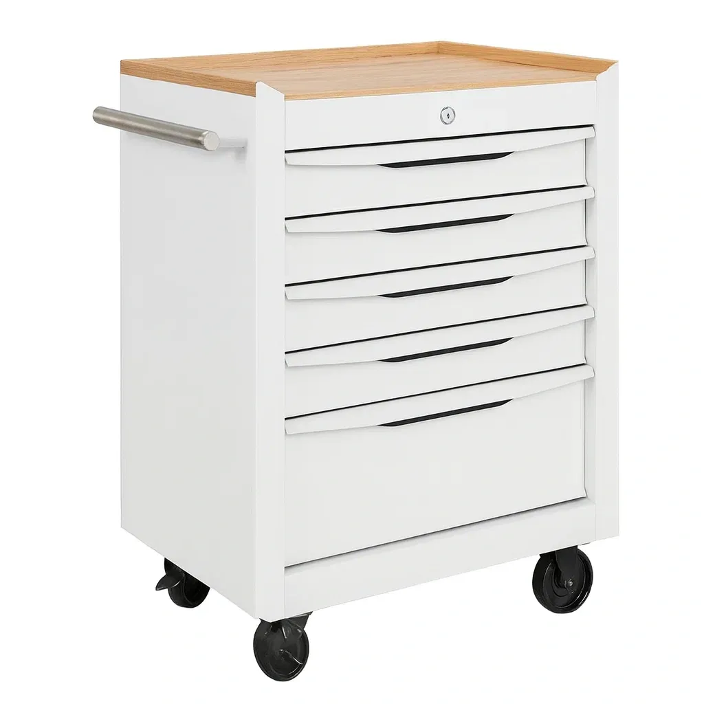 Carrello portautensili in acciaio e legno con ruote, 5 cassetti, Bianco-Woodaso