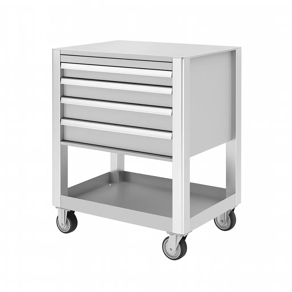 Carrello portautensili mobile in acciaio con 4 cassetti su ruote Argento-Woodaso