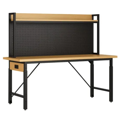 Banco da lavoro in legno e metallo con pannello posteriore 180x80x150 cm Marrone/Nero-Woodaso