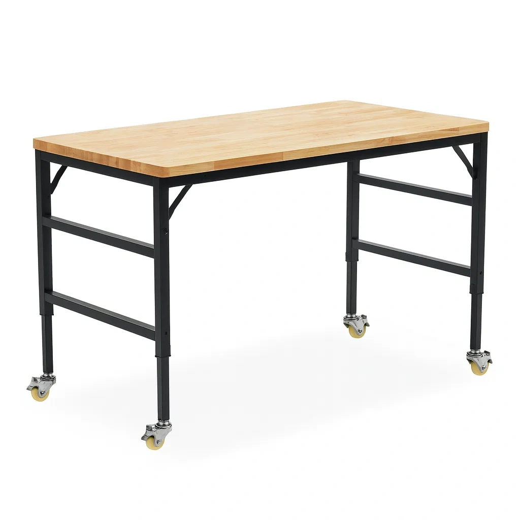 Banco da lavoro in legno massello e acciaio con ruote 120x60x90 cm-Woodaso