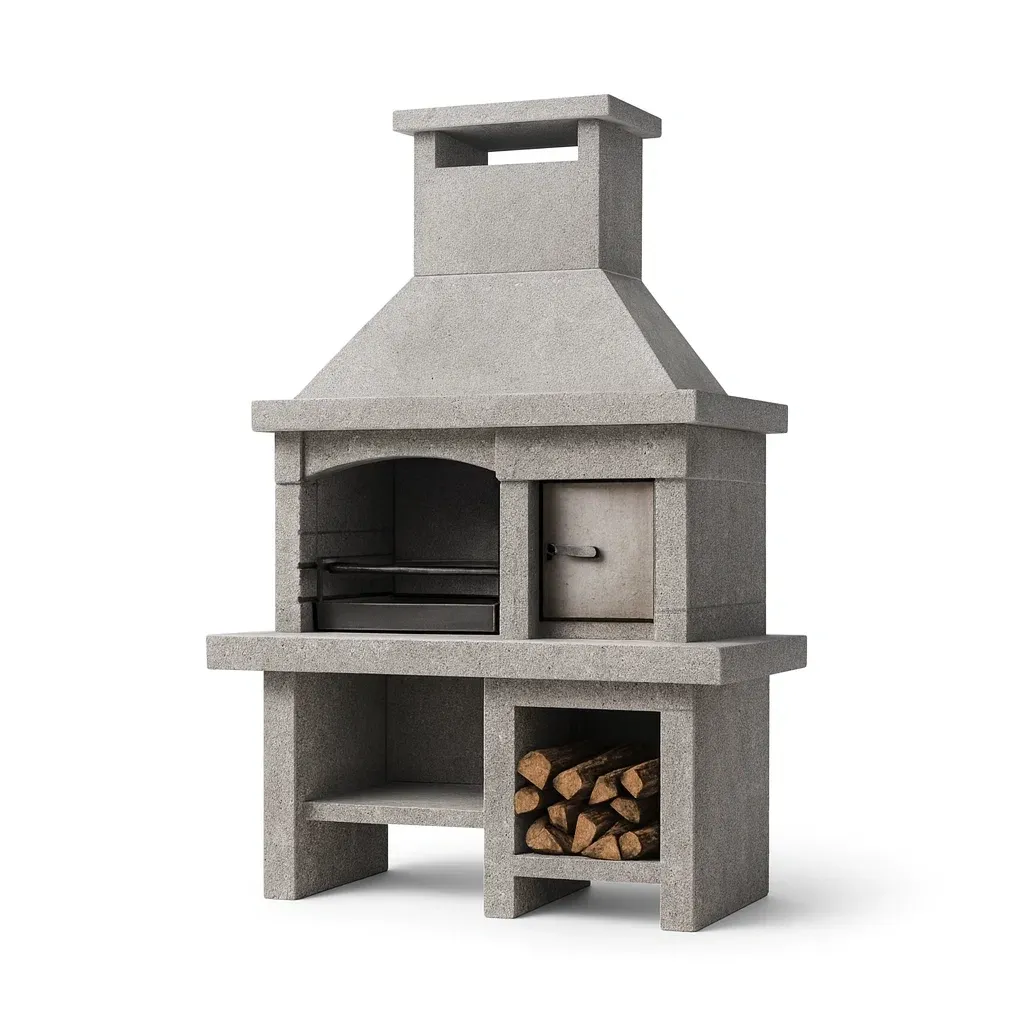 Forno a Legna in Cemento Grigio con Camino e Porta Legna-Woodaso