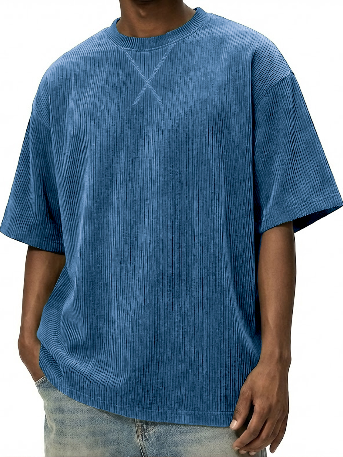 Men's Vintage Stylish Corduroy Patchwork Basic Pullover T-shirt