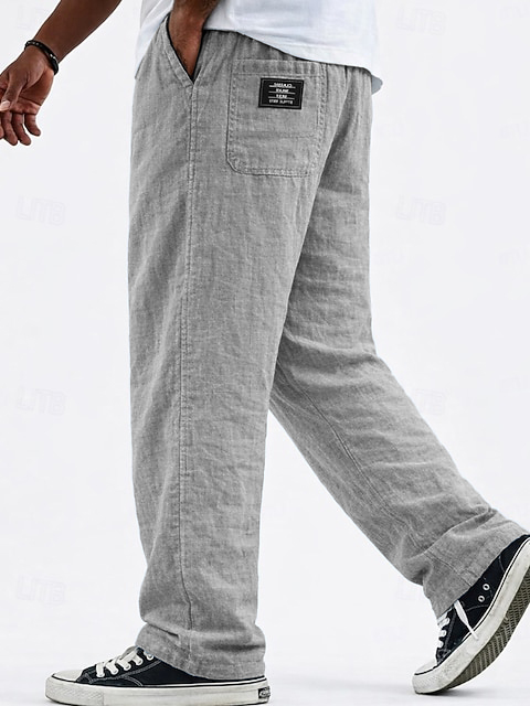 Men's Casual Linen Vacation Pants with Logo Detail