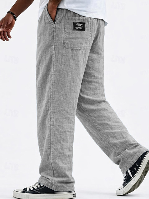 Men's Casual Linen Vacation Pants with Logo Detail