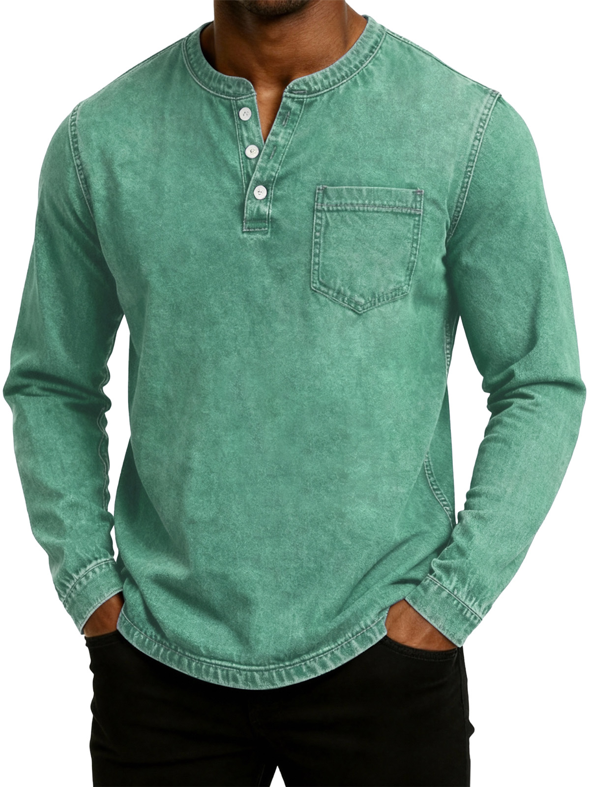 Men's Retro Fashion Washed Distressed Henley Collar Long Sleeve T-Shirt