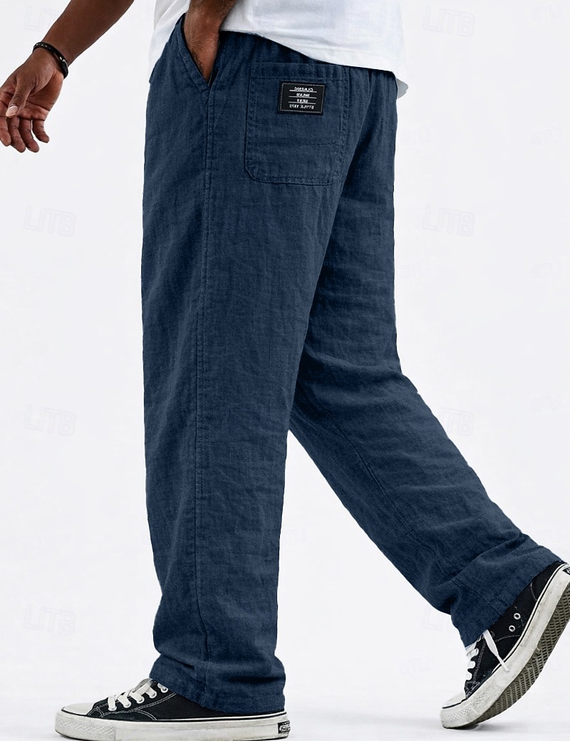 Men's Casual Linen Vacation Pants with Logo Detail