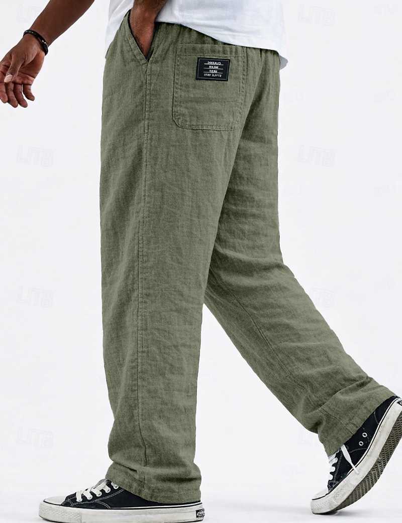 Men's Casual Linen Vacation Pants with Logo Detail
