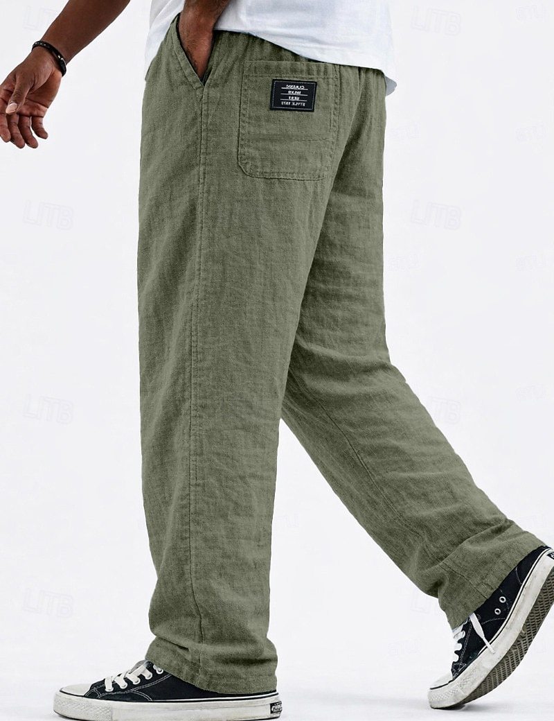 Men's Casual Linen Vacation Pants with Logo Detail