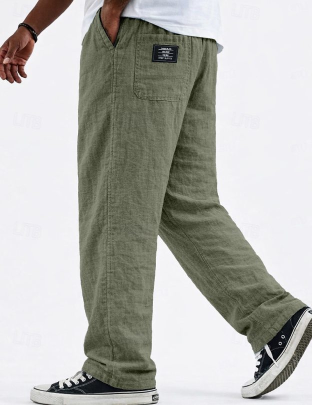 Men's Casual Linen Vacation Pants with Logo Detail