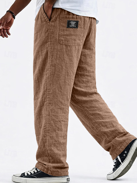 Men's Casual Linen Vacation Pants with Logo Detail