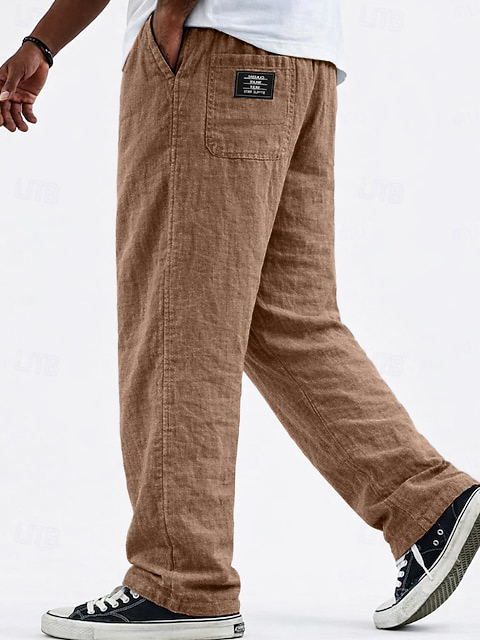 Men's Casual Linen Vacation Pants with Logo Detail