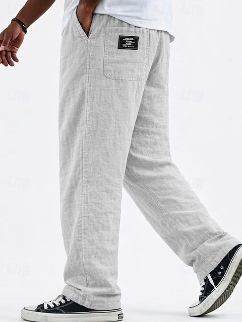 Men's Casual Linen Vacation Pants with Logo Detail