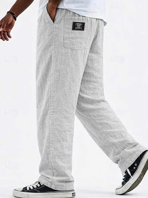 Men's Casual Linen Vacation Pants with Logo Detail