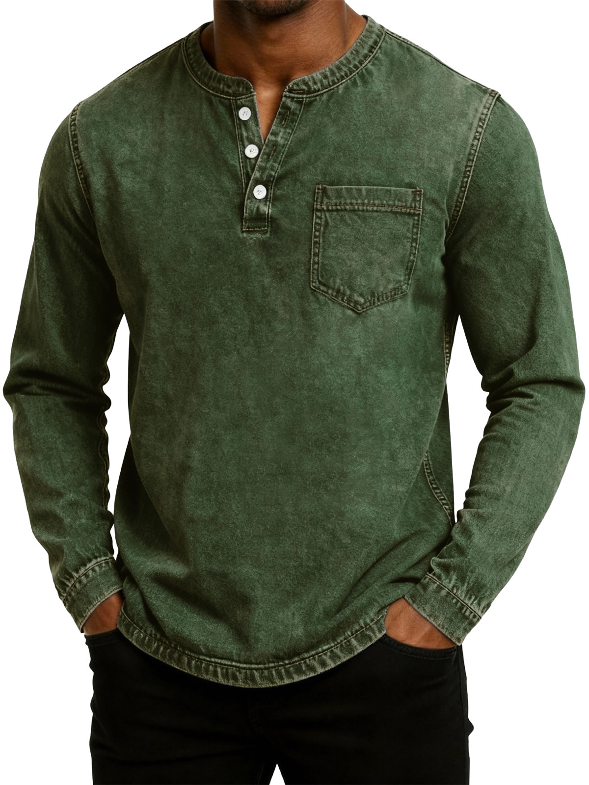 Men's Retro Fashion Washed Distressed Henley Collar Long Sleeve T-Shirt