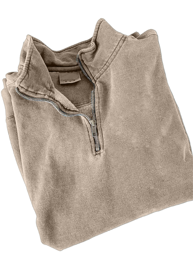 Men's Quarter Zip Distressed Washed Cotton Zipper Long Sleeve Sweatshirt