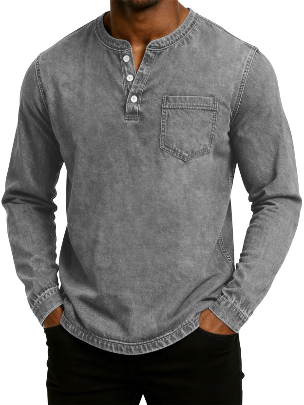 Men's Retro Fashion Washed Distressed Henley Collar Long Sleeve T-Shirt