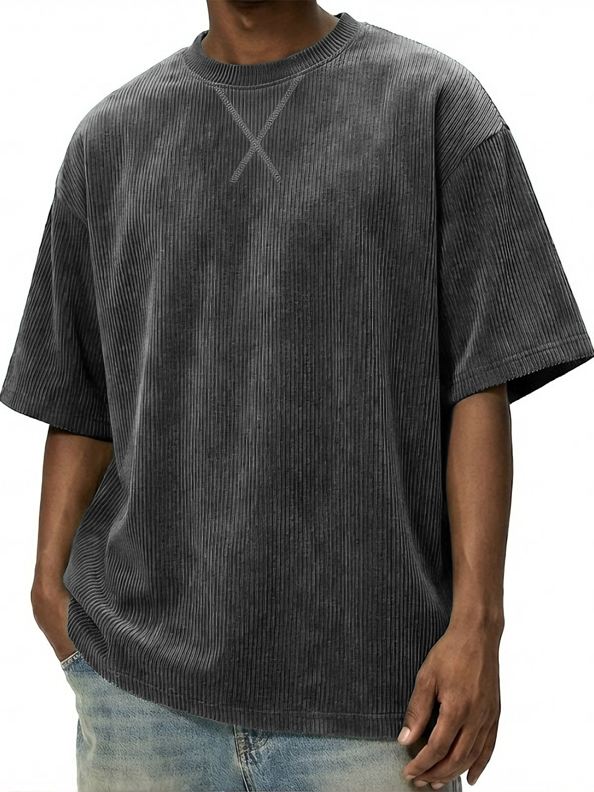 Men's Vintage Stylish Corduroy Patchwork Basic Pullover T-shirt