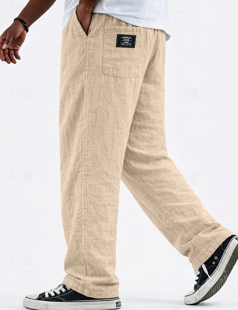 Men's Casual Linen Vacation Pants with Logo Detail