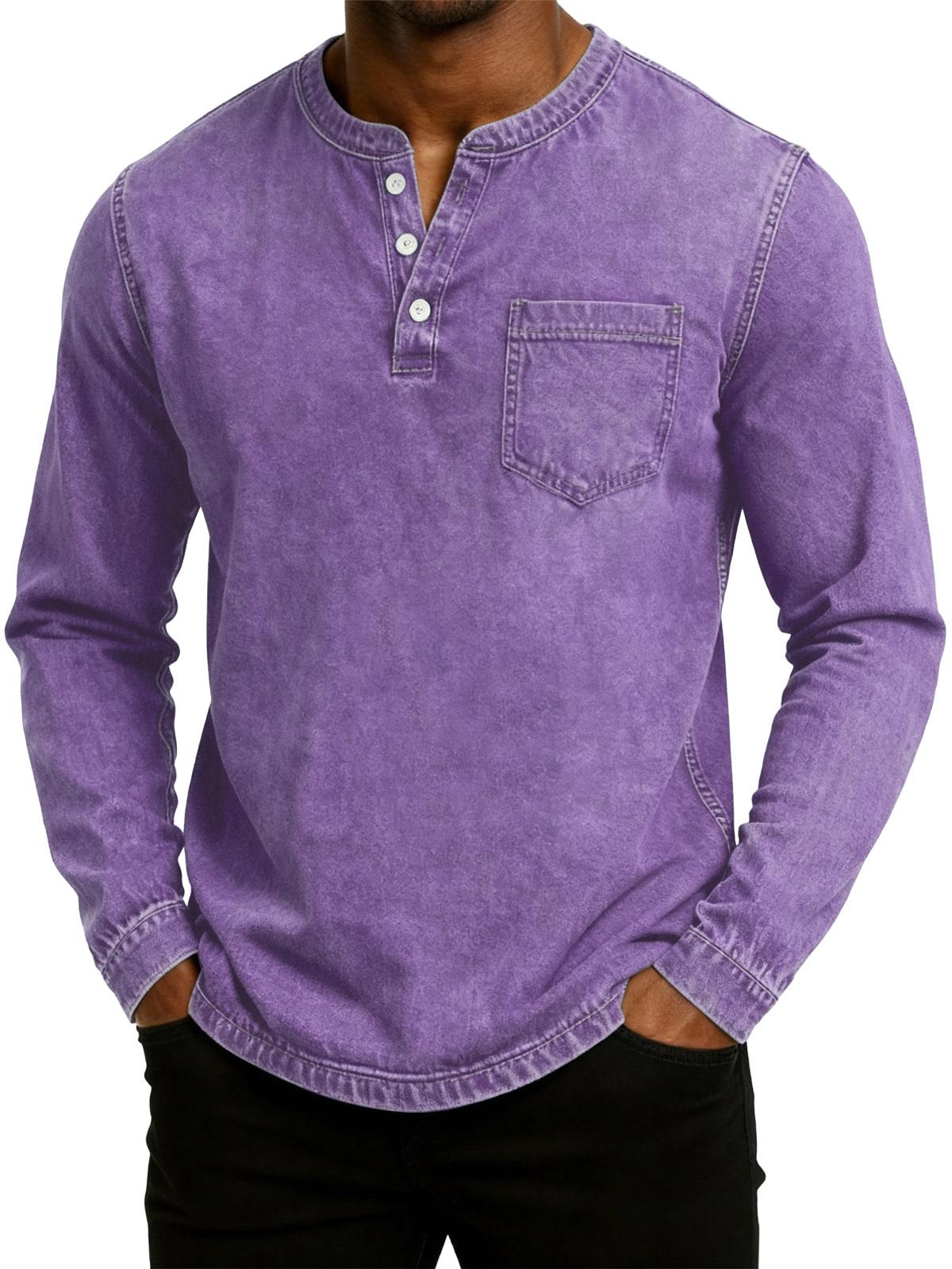 Men's Retro Fashion Washed Distressed Henley Collar Long Sleeve T-Shirt