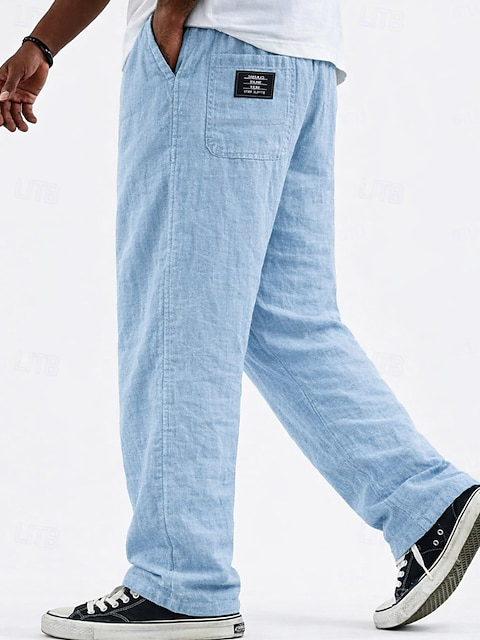 Men's Casual Linen Vacation Pants with Logo Detail