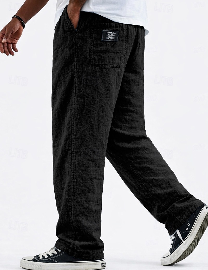 Men's Casual Linen Vacation Pants with Logo Detail
