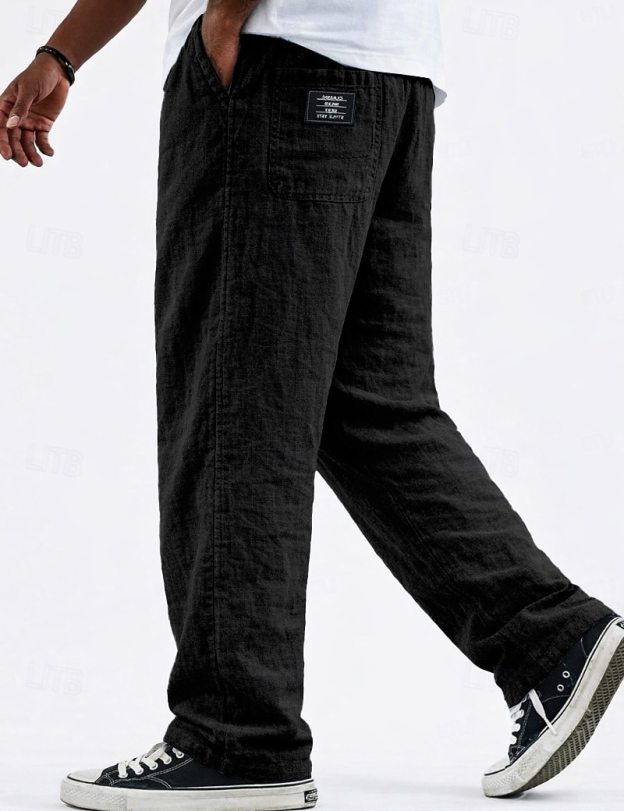 Men's Casual Linen Vacation Pants with Logo Detail