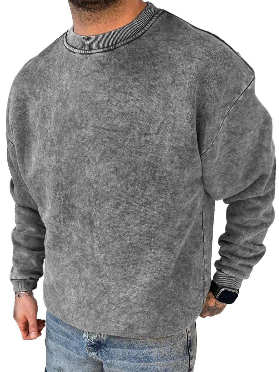 Men's Fashion Casual Washed Distressed Long Sleeve Round Neck Sweatshirt