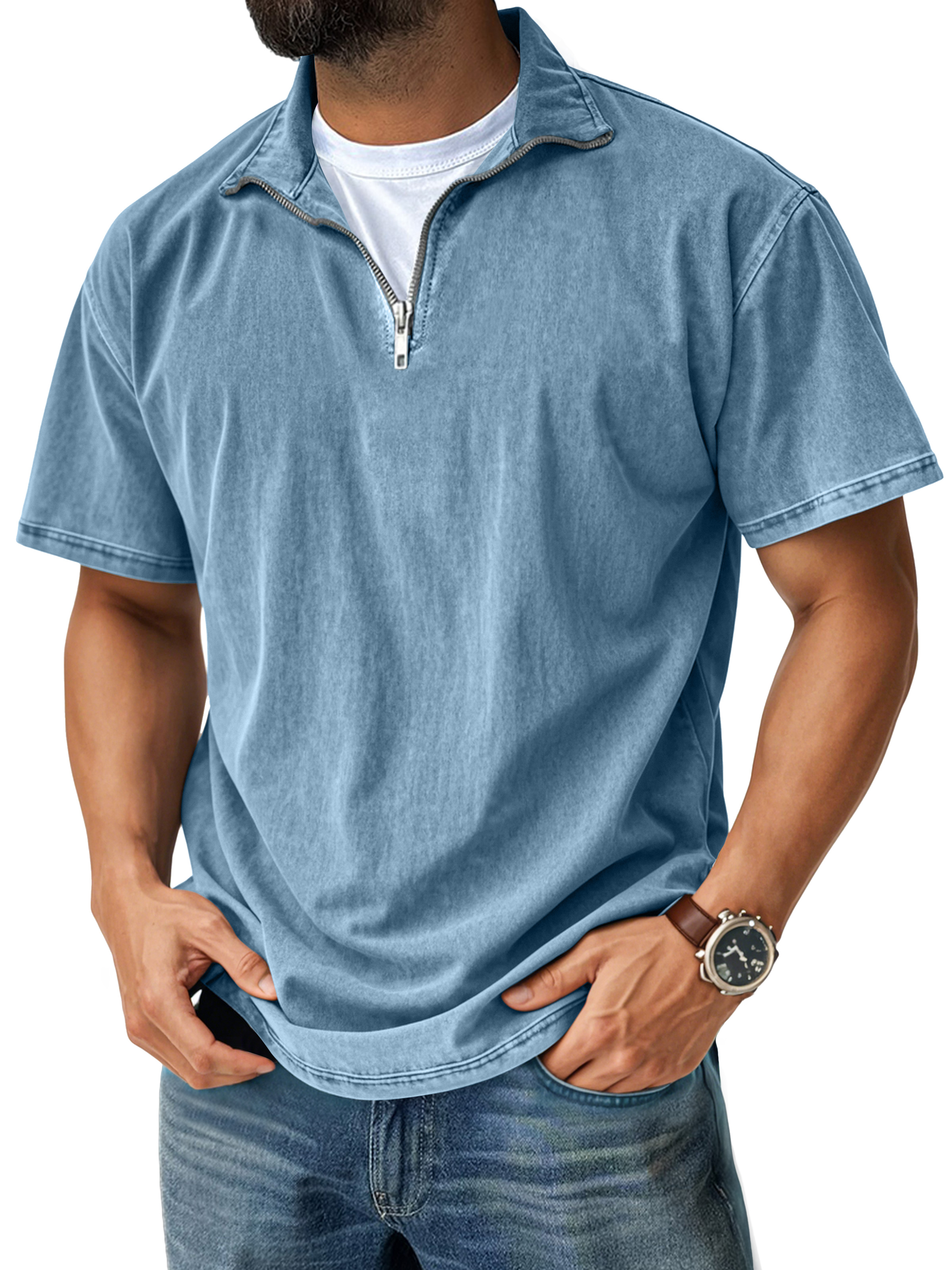 Men's Retro Casual Stand Collar Quarter-Zip Short Sleeve T-Shirt