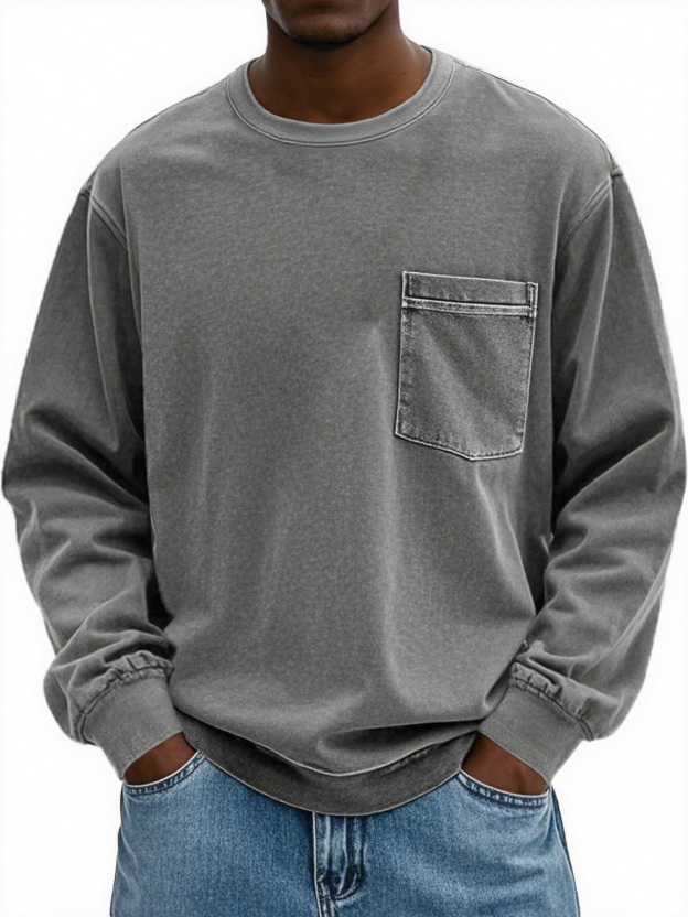 Men's Fashion Retro Distressed Pocket Lapel Long-sleeved Round Neck Sweatshirt