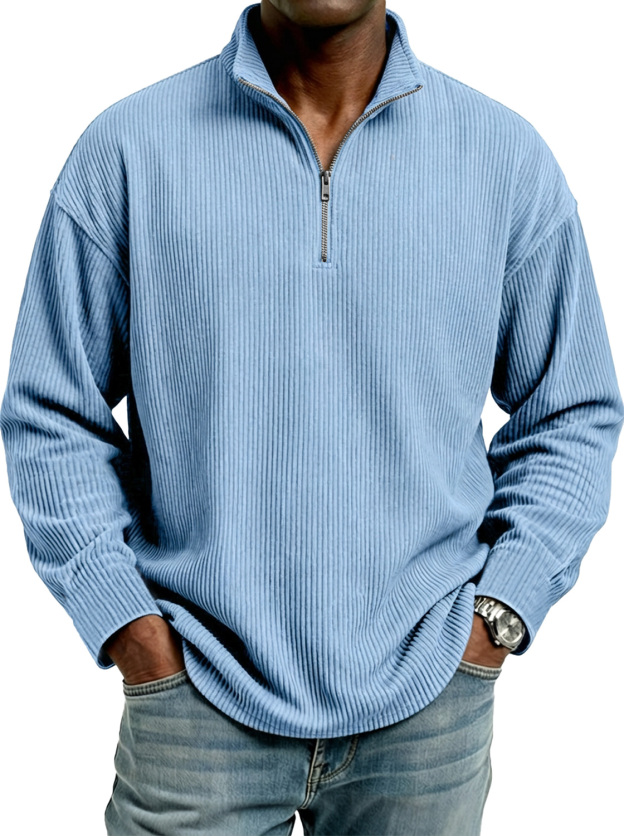 Men's Stand Collar Zipper Ribbed Comfortable Long-Sleeve T-Shirt