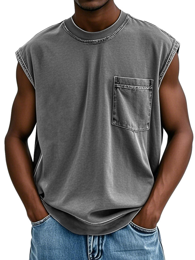 Men's Stylish Retro Distressed Short-sleeved Pocket Sleeveless T-shirt 