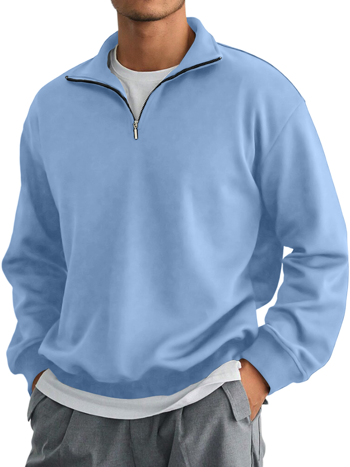 Men's Autumn Stand Collar Zipper Solid Color Comfortable Long-sleeved Sweatshirt