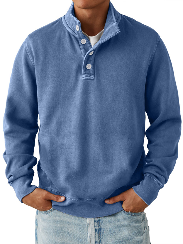 Men's Casual Stand Collar Button Solid Color Comfortable Sweatshirt