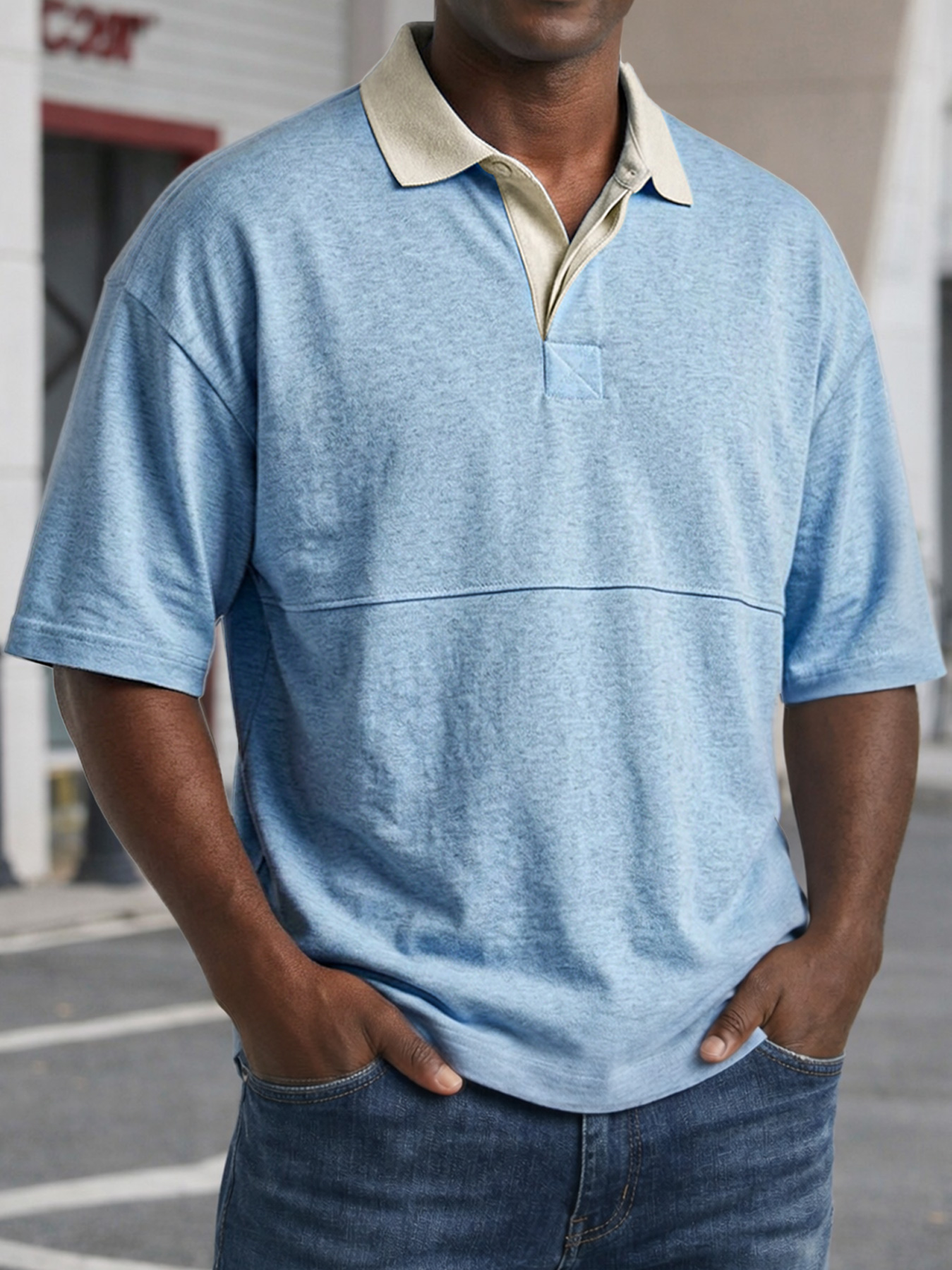 Men's Casual Short-sleeved Polo Shirt With Simple Color-block Design