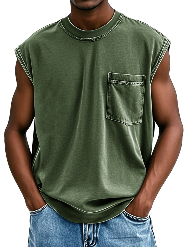 Men's Stylish Retro Distressed Short-sleeved Pocket Sleeveless T-shirt 