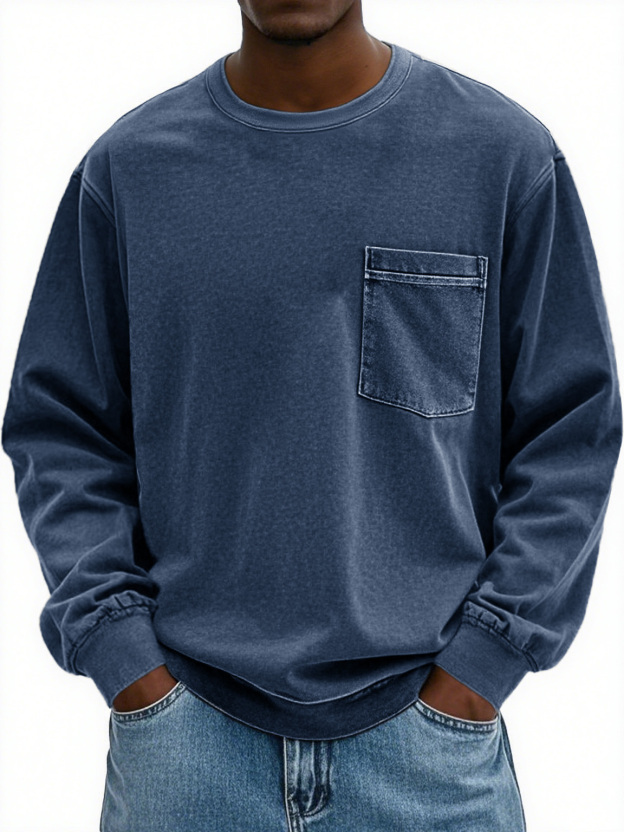 Men's Fashion Retro Distressed Pocket Lapel Long-sleeved Round Neck Sweatshirt