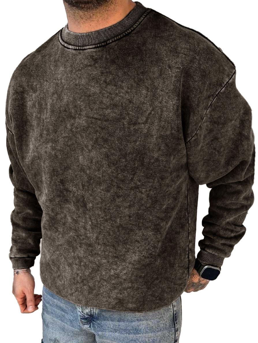 Men's Fashion Casual Washed Distressed Long Sleeve Round Neck Sweatshirt