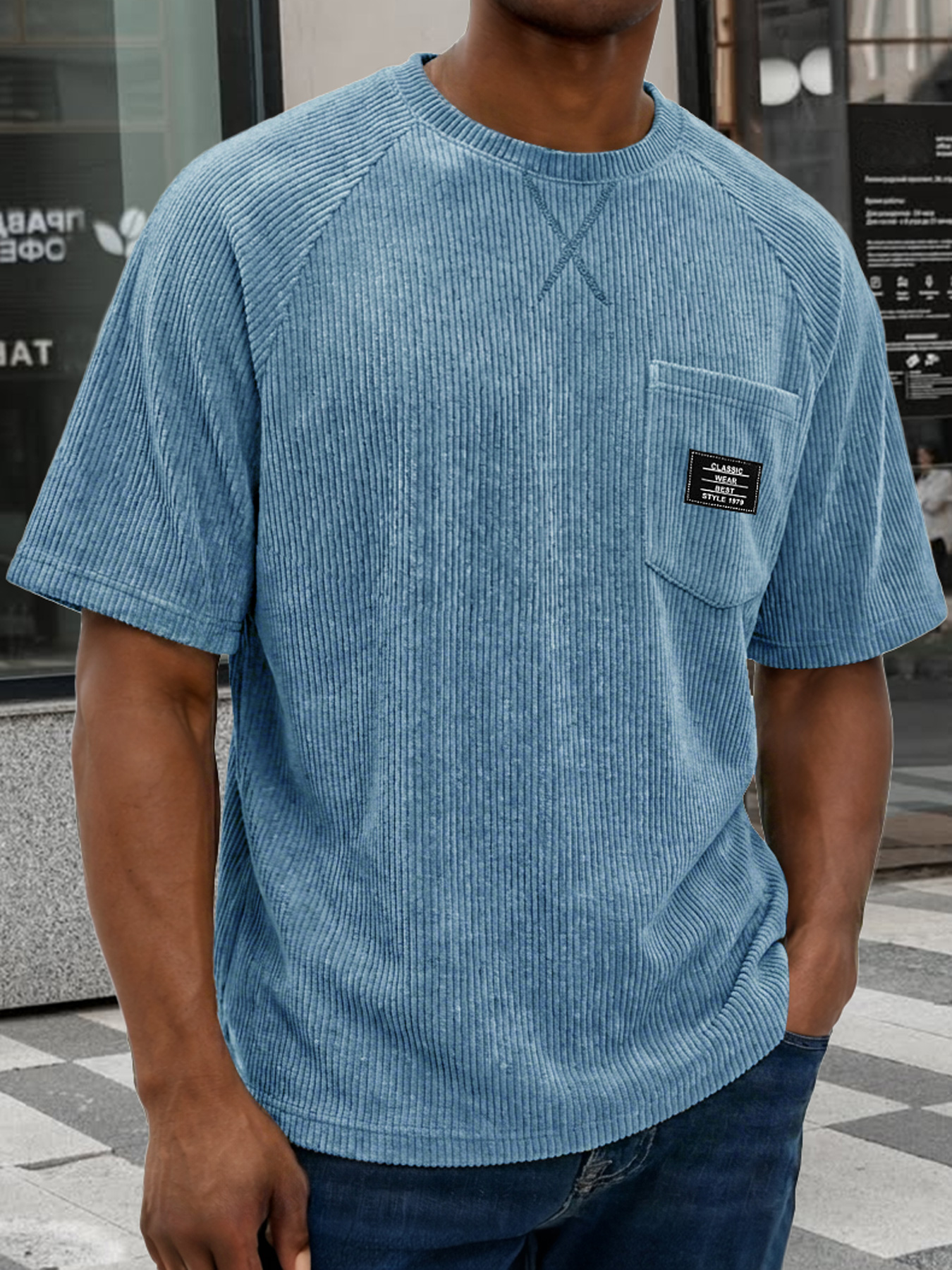 Men's Vintage Corduroy Raglan Short-sleeved T-shirt With Criss-cross Stitching Design