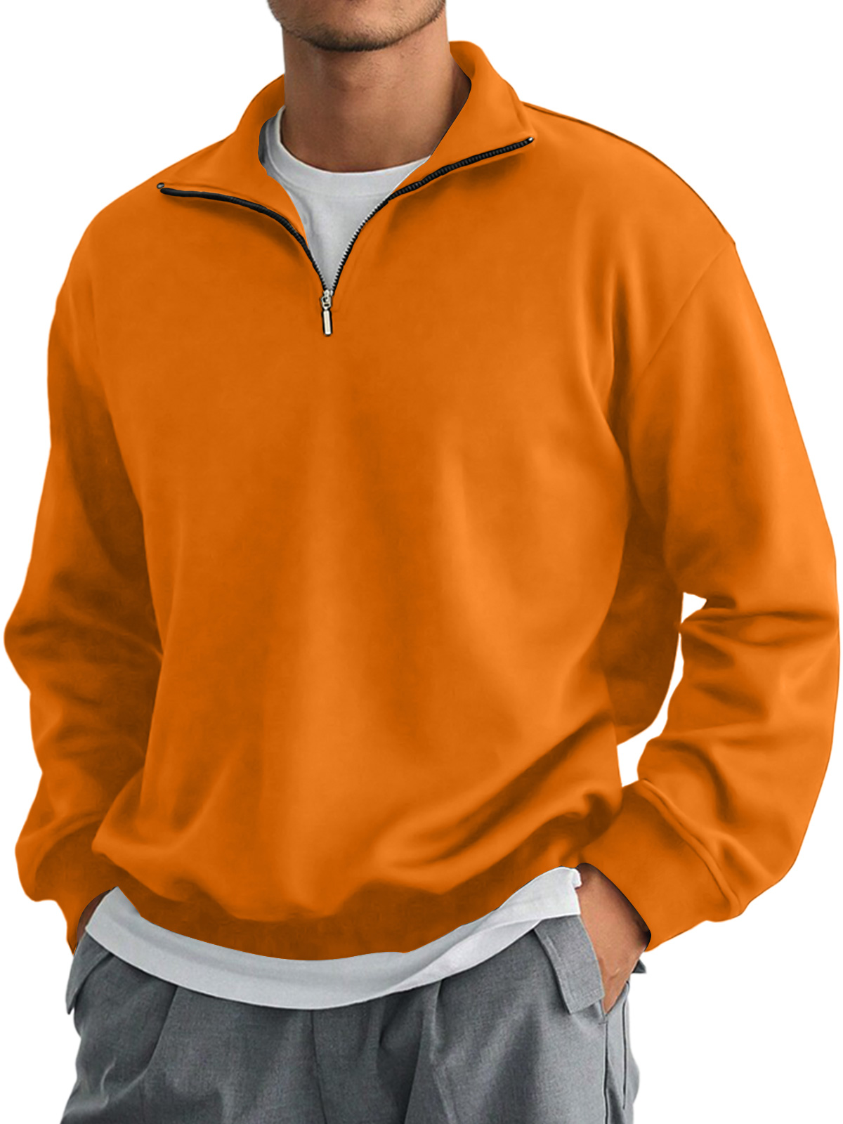 Men's Autumn Stand Collar Zipper Solid Color Comfortable Long-sleeved Sweatshirt
