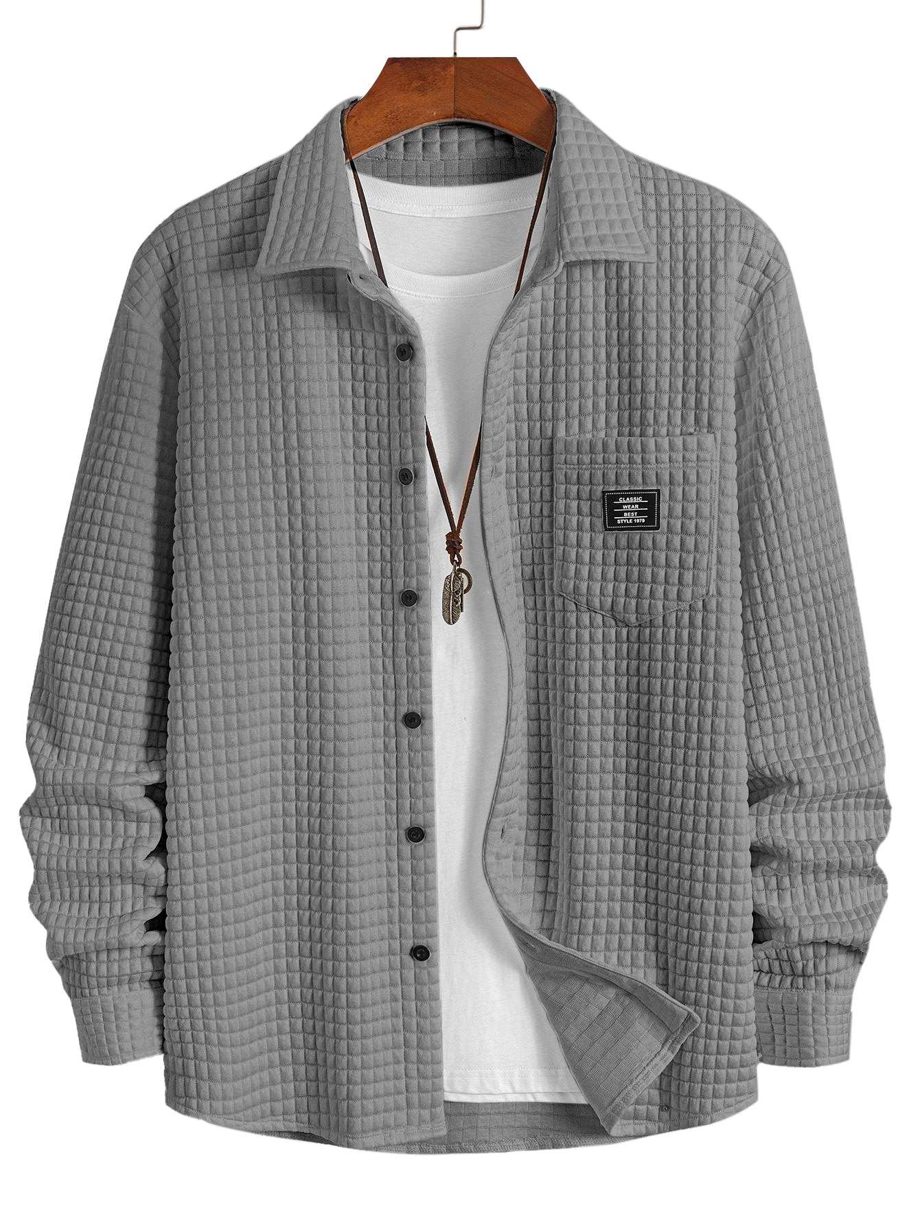 Men's Casual Solid Color Plaid Texture Long-Sleeve Polo Shirt with Chest Pocket