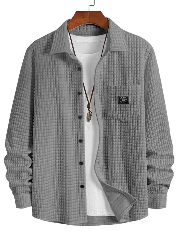 Men's Casual Solid Color Plaid Texture Long-Sleeve Polo Shirt with Chest Pocket