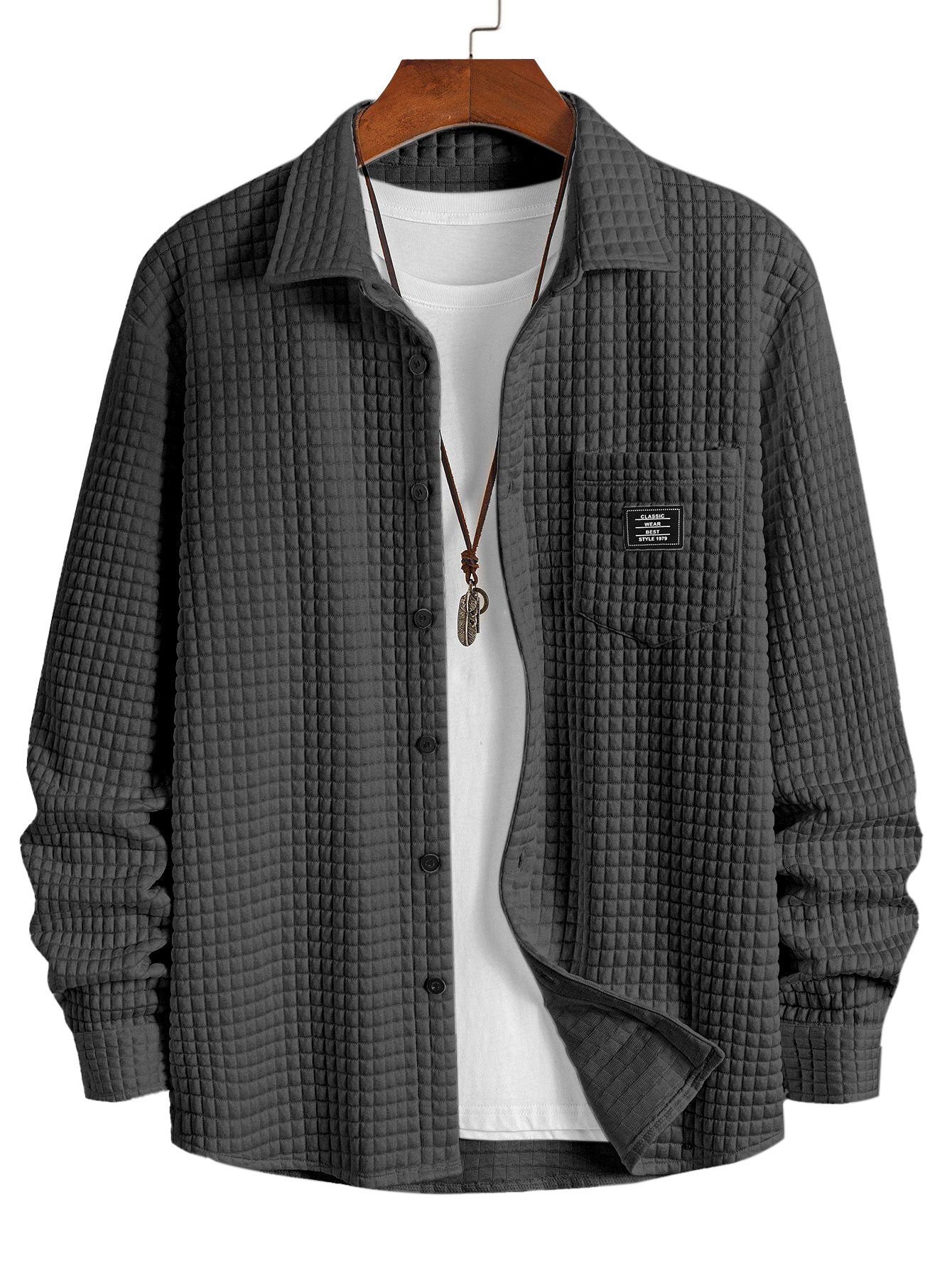 Men's Casual Solid Color Plaid Texture Long-Sleeve Polo Shirt with Chest Pocket