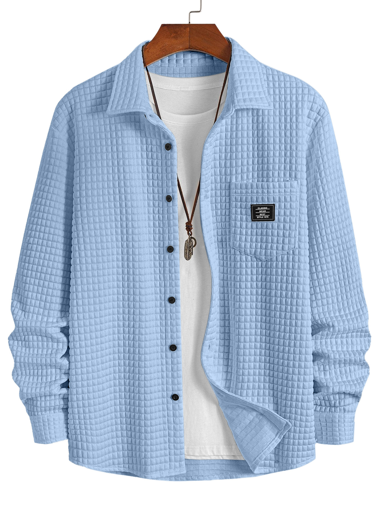 Men's Casual Solid Color Plaid Texture Long-Sleeve Polo Shirt with Chest Pocket