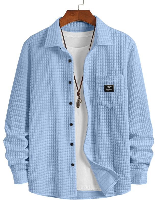 Men's Casual Solid Color Plaid Texture Long-Sleeve Polo Shirt with Chest Pocket