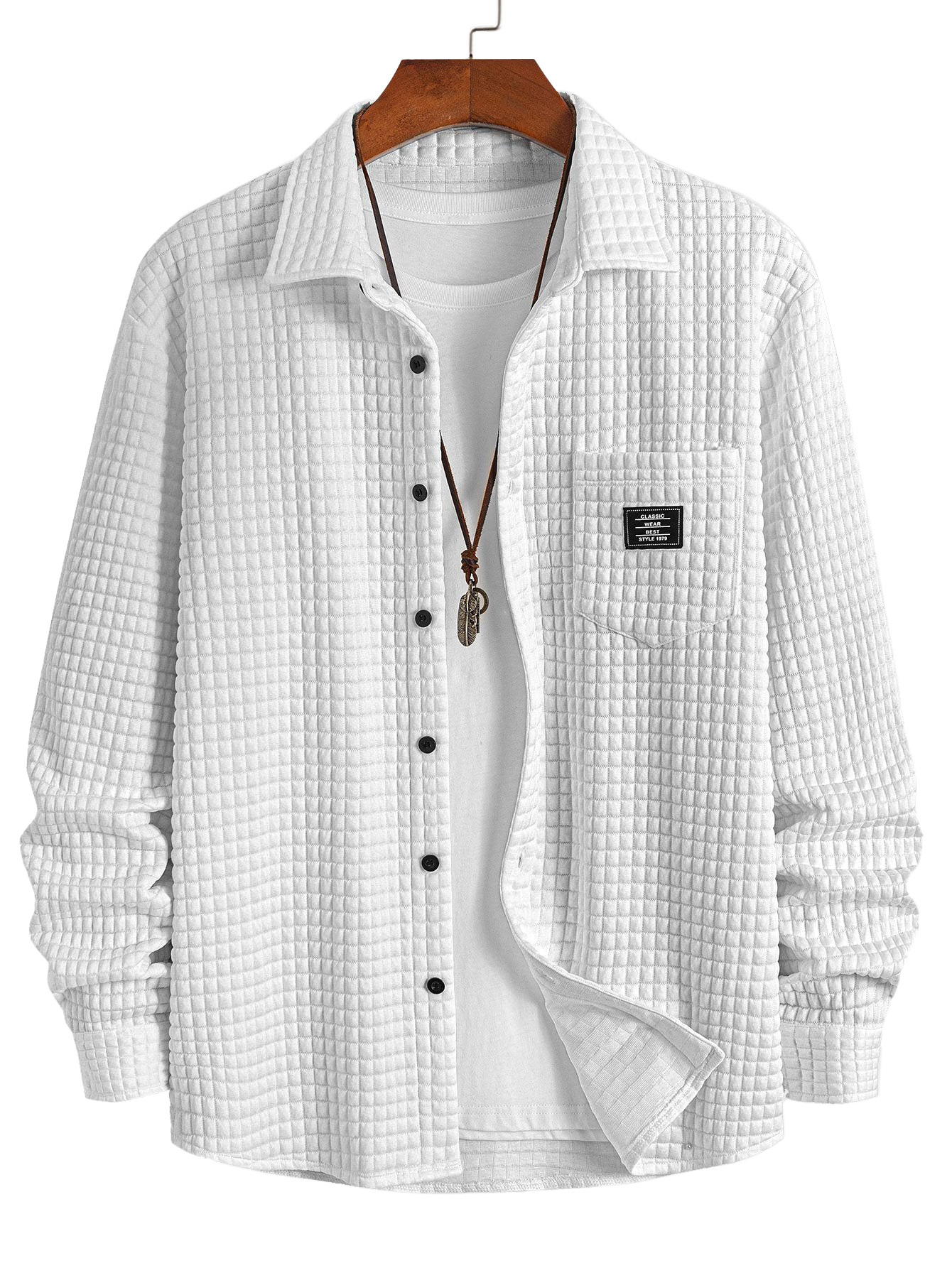 Men's Casual Solid Color Plaid Texture Long-Sleeve Polo Shirt with Chest Pocket