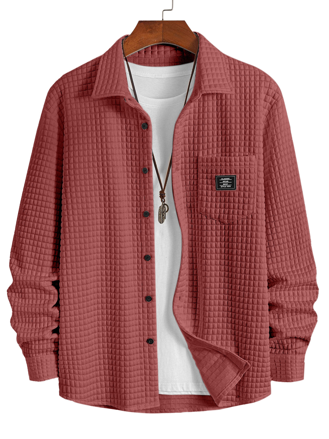 Men's Casual Solid Color Plaid Texture Long-Sleeve Polo Shirt with Chest Pocket